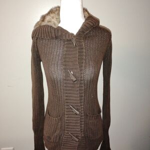 Mossimo Supply Co. Brown Hooded Toggle Cardigan with Faux Fur Trim